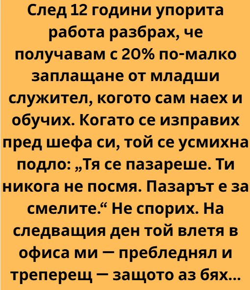 Студената, флуоресцентна светлина на офиса сякаш жужеше в унисон с подигравката. Дванадесет години. Дванадесет години от живота ми, прекарани в тази сграда, взирайки се в екрани, пропускайки рождени дни, отлагайки почивки. Дванадесет години вярност, която се изпари в мига, в който видях фиша за заплатата на Десислава.