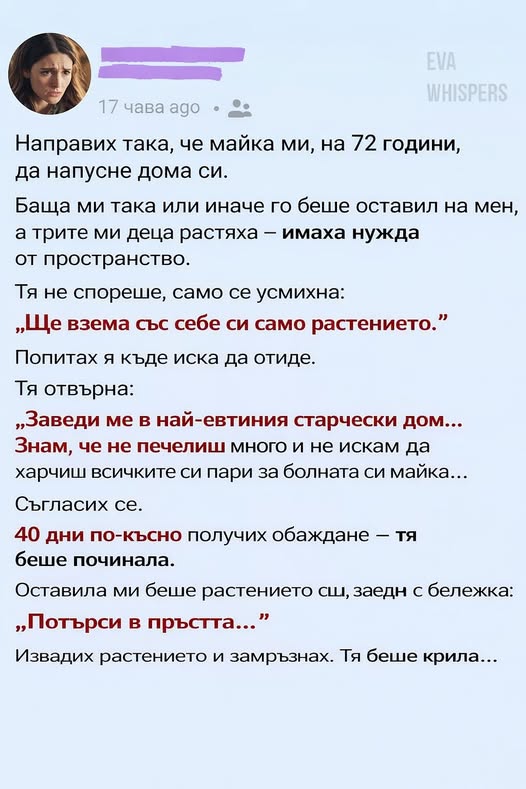 Направих така, че майка ми, на 72 години, да напусне дома си. Баща ми така или иначе го беше оставил на мен, а трите ми деца растяха – имаха нужда от пространство.